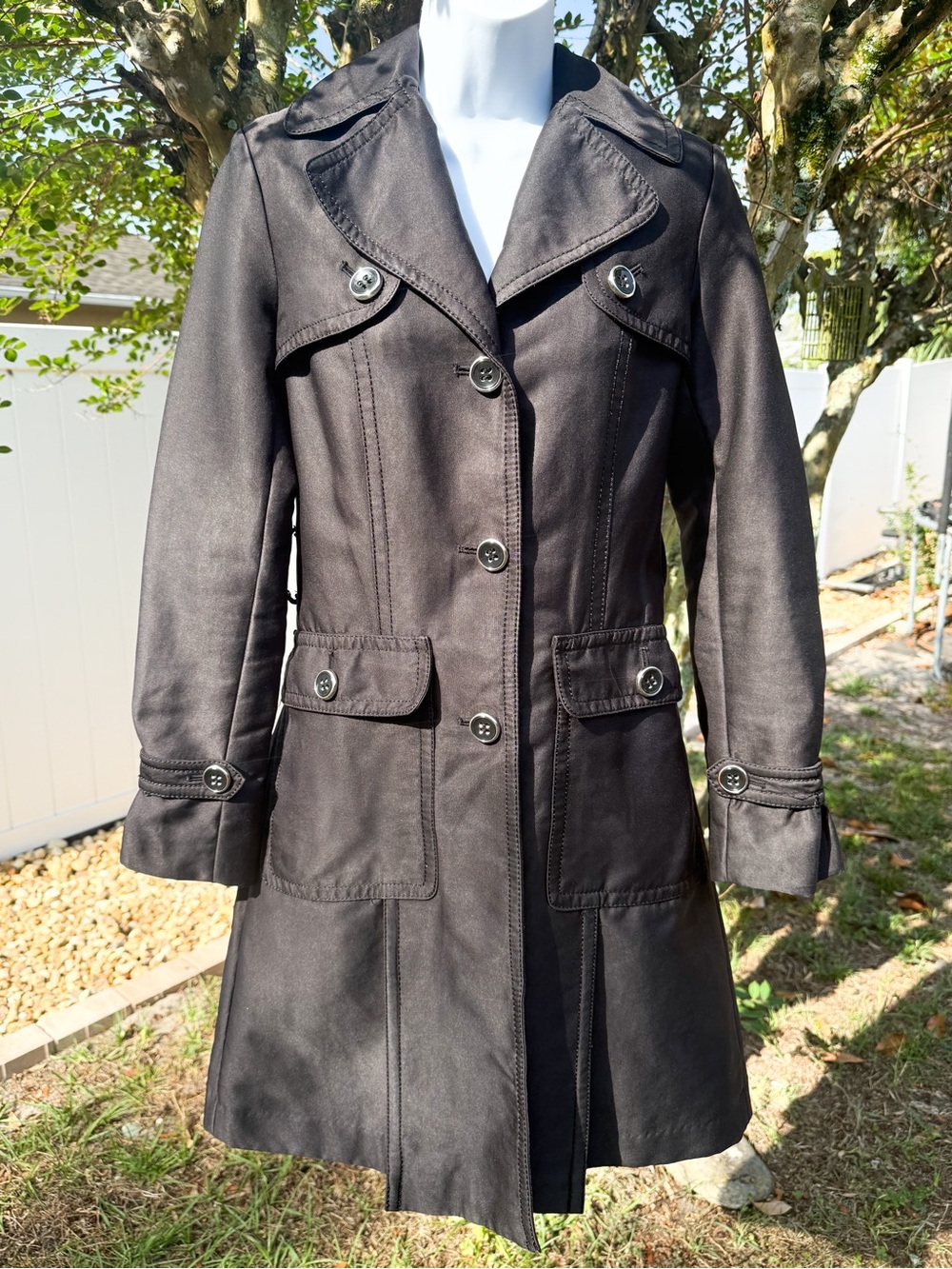 Kenneth Cole Reaction Black Trench Coat XS Button Front Lightweight Jacket